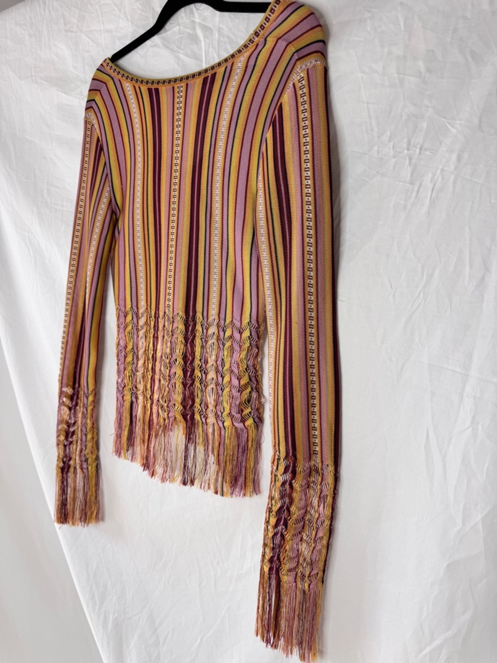 Christian Dior by John Galliano Vintage Striped Fringe V-Neck Long Sleeve Top - Picture 9 of 14